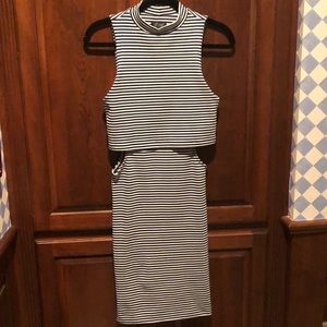 TOPSHOP striped navy and white midi stretch dress
